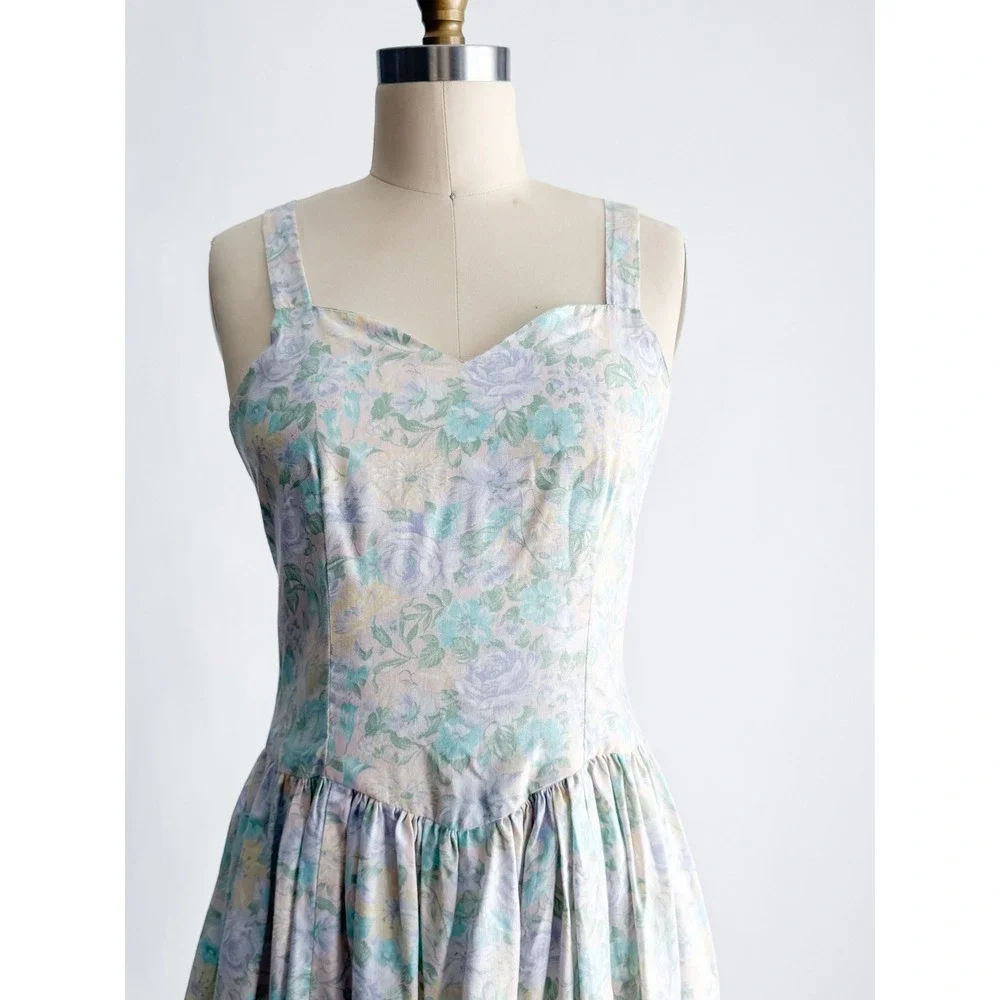 Vintage Floral Midi Dress Cottagecore Pastel Dropped Waist Sweetheart Blue Green